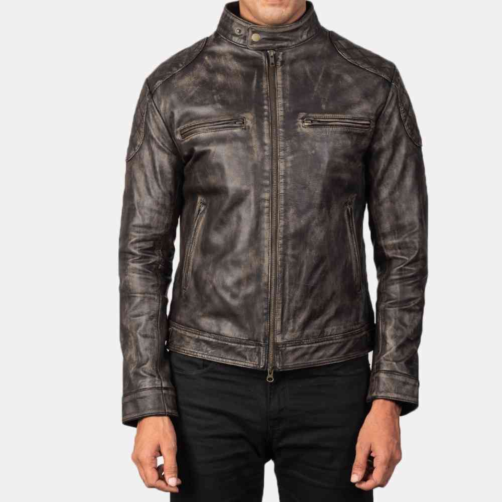 Mens Biker Distressed Brown Leather Jacket