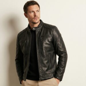 Black Slim Fit Moto Leather Jacket - Vanguard Front Side