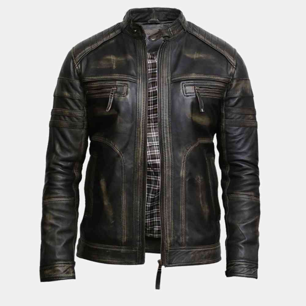 BRANDSLOCK Mens Leather Biker Jacket Black Vintage Look Biker Style Crinkle Retro 