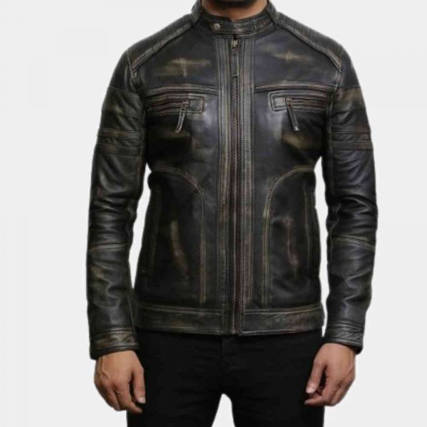 Distressed Black Leather Motorcycle Jacket