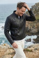 Model wearing black slim fit moto leather jacket for men urban styling