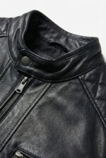Snap-tab band collar detail on black slim fit moto leather jacket for men