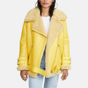 Yellow Leather Jacket with Fur Collar