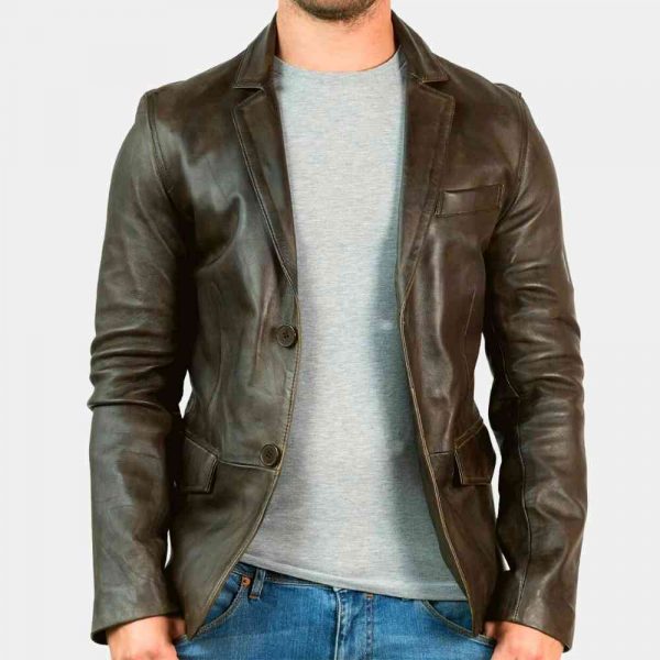 distressed brown leather blazer