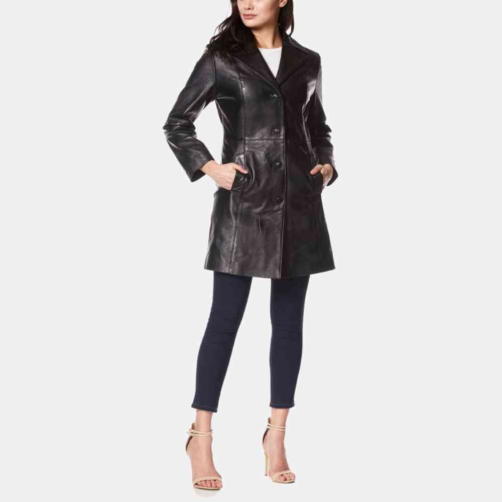 Ladies Long 3/4 Quarter Knee Length Soft Black Smart Leather Jacket Coat 