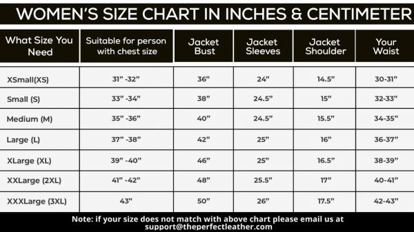 Size Chart Of Women Leather Jacket