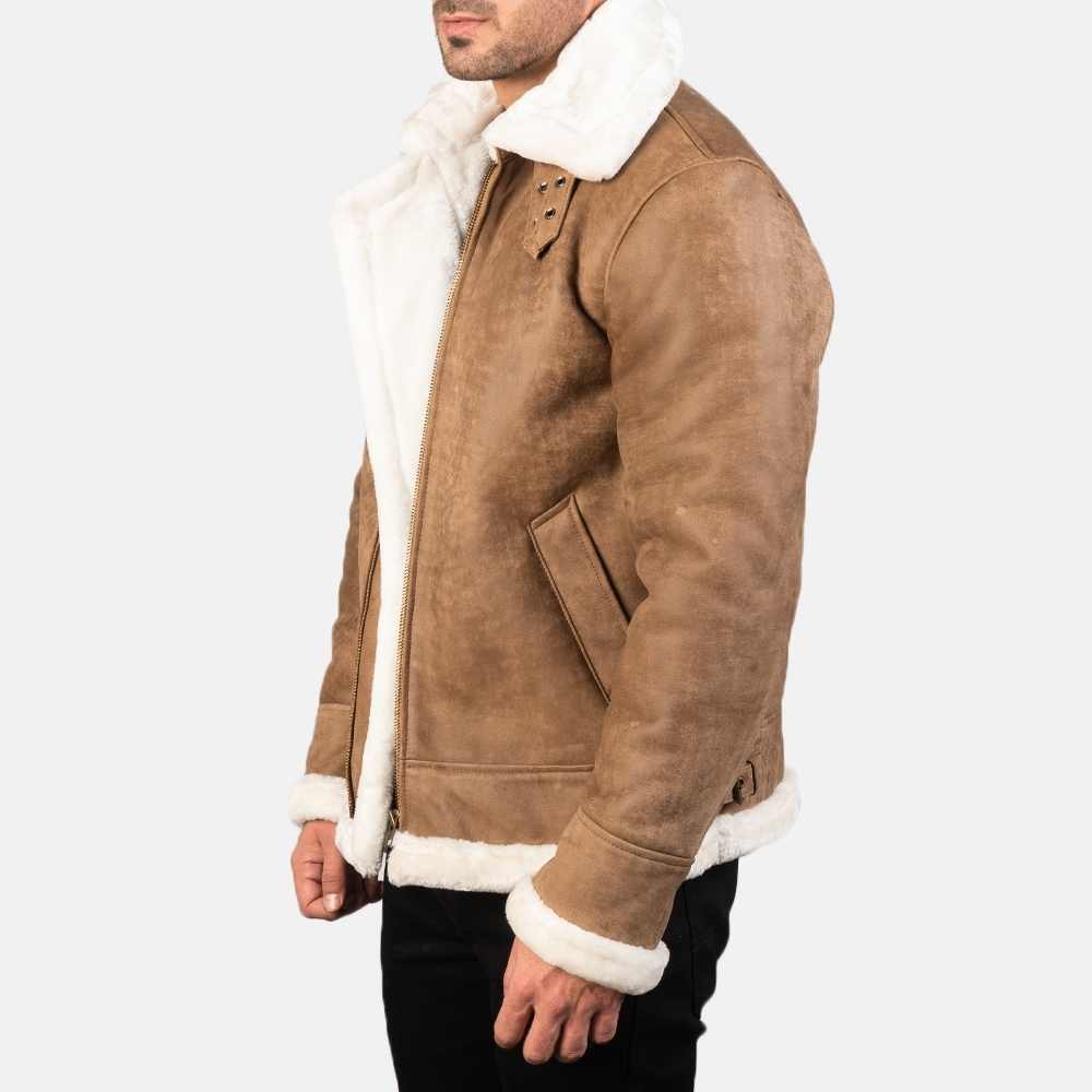 brown leather bomber jacket with sheepskin collar