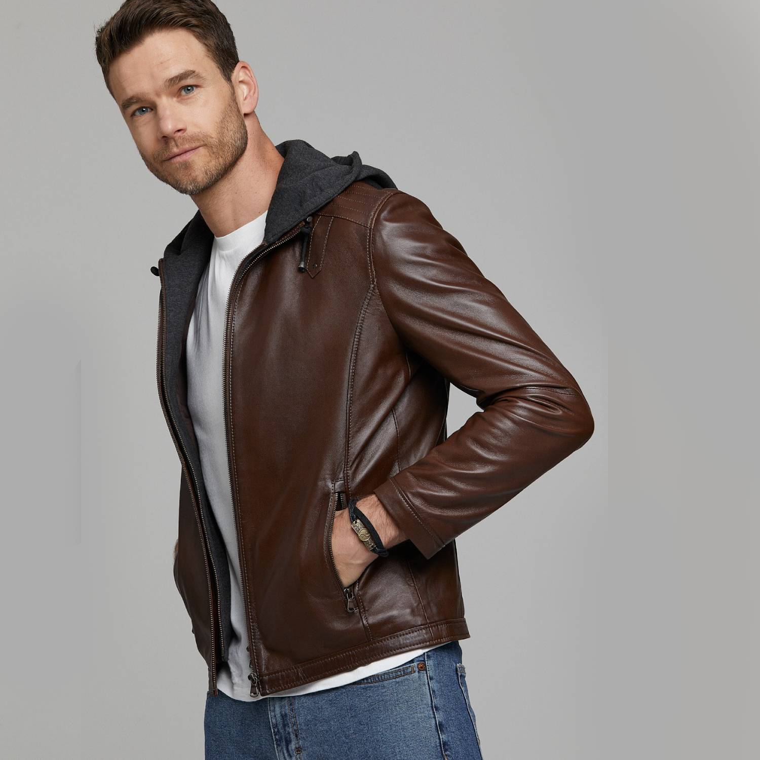 Hooded Brown Leather Jacket | Leatherings | Free Shipping