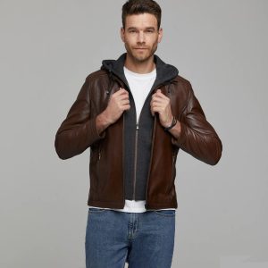 hooded brown leather jacket