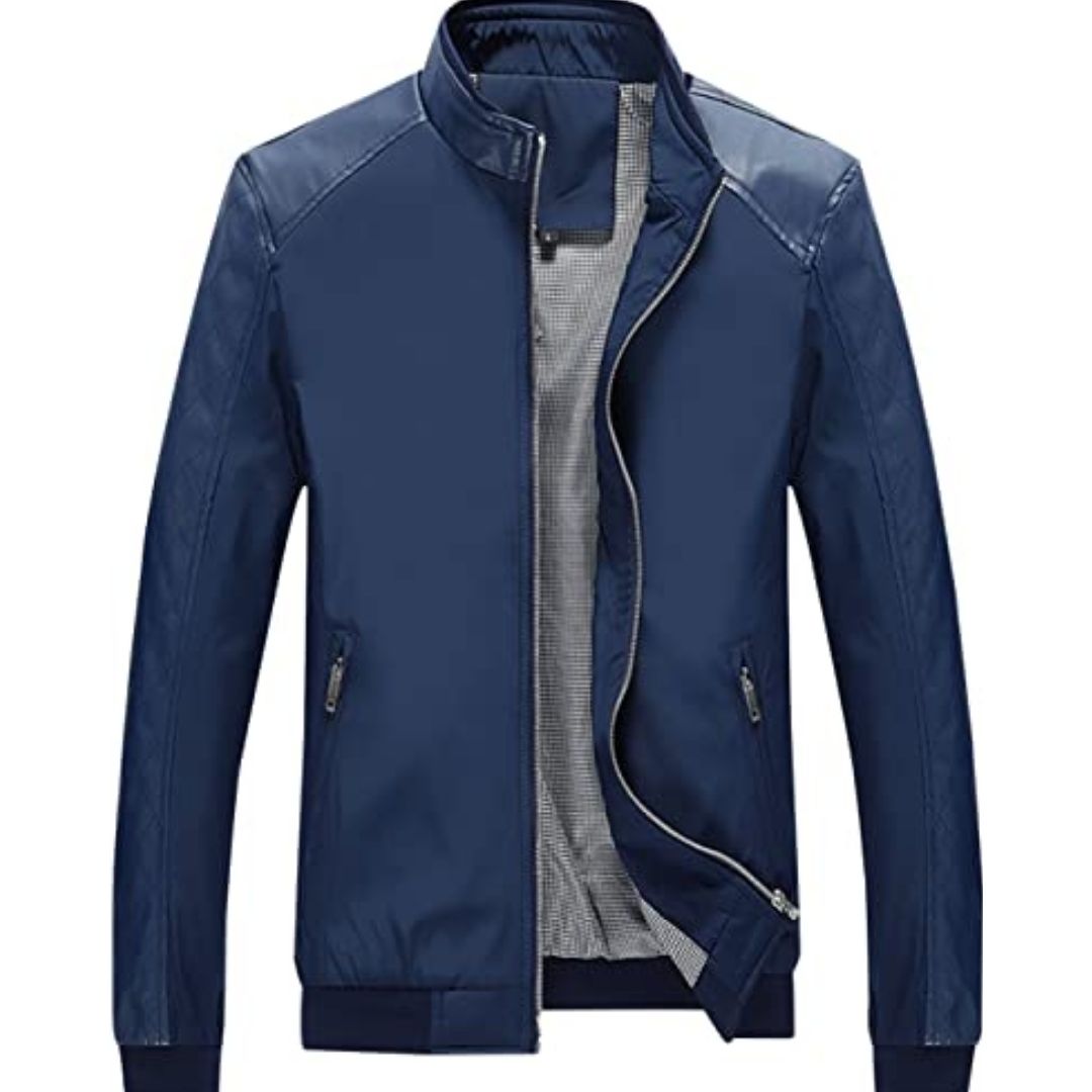 Blue Men's Casual Stand Collar Bomber Jacket - Leatherings