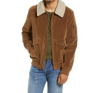 Faux Suede Aviator Bomber Jacket with Removable Faux Shearling Collar