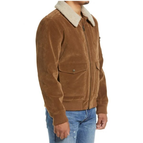Faux Suede Aviator Bomber Jacket with Removable Faux Shearling Collar