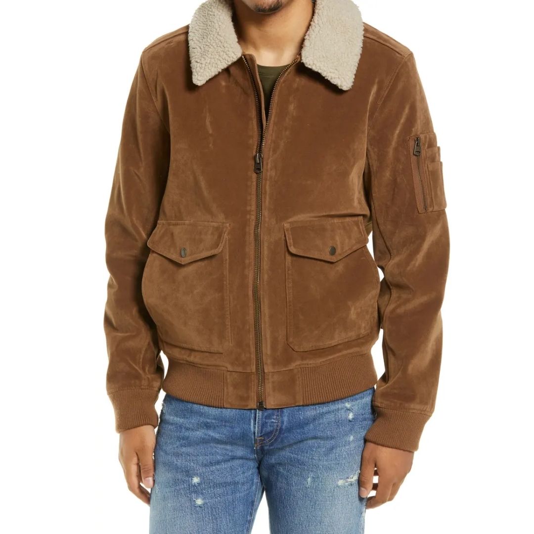 Empire Logo Embossed Suede and Shearling Flight Jacket