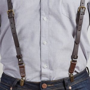 Brown Leather Buckle Skinny Suspenders