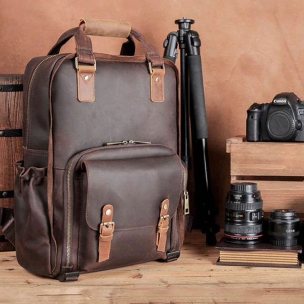 Large Leather Backpack Camera Bag with Tripod Holder