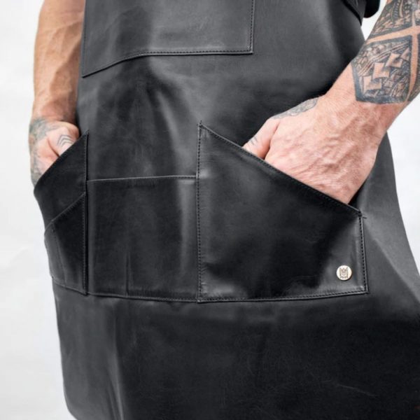 Long Multi-Pocket Black Leather Apron