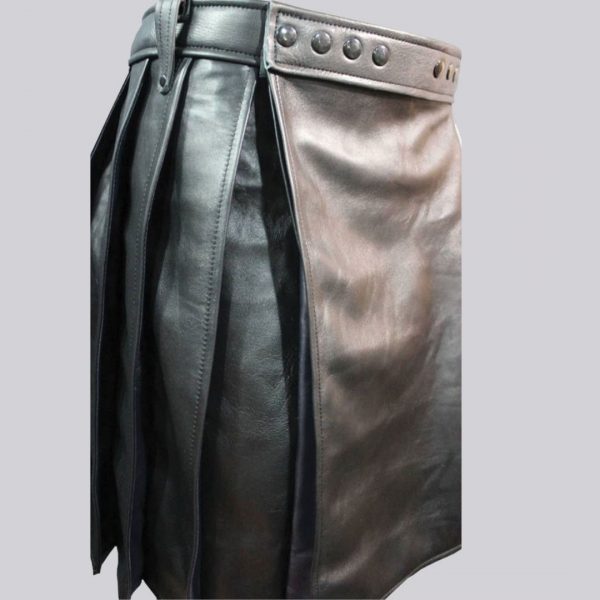 Pleated Black Leather Kilt with Navy Highlights