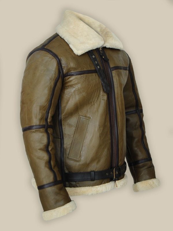 Army Greenish Brown Shearling Leather Jacket 2