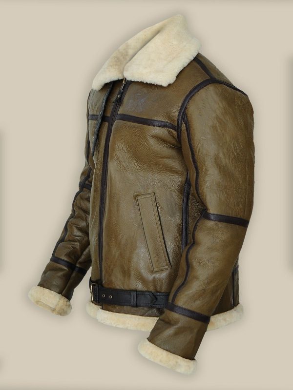 Army Greenish Brown Shearling Leather Jacket 3
