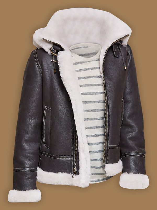 Men Black Shearling Leather Jacket With Hoodie 2