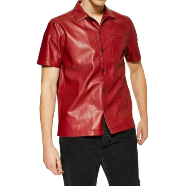 Mens Stylish Short Sleeve Real Sheepskin Red Leather Shirt