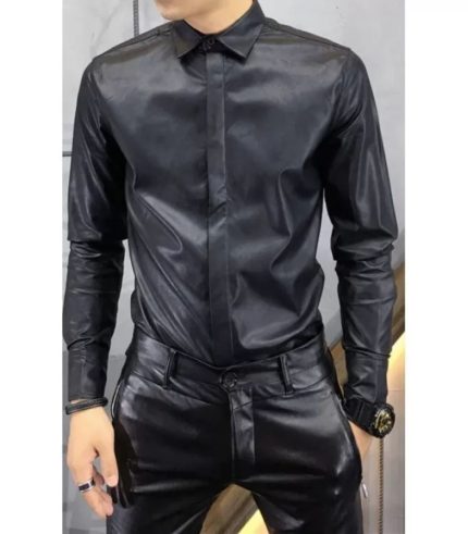 Mens Trendy Real Sheepskin Black Leather Shirt