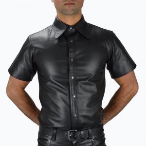 Men Wetlook Leather Shirt