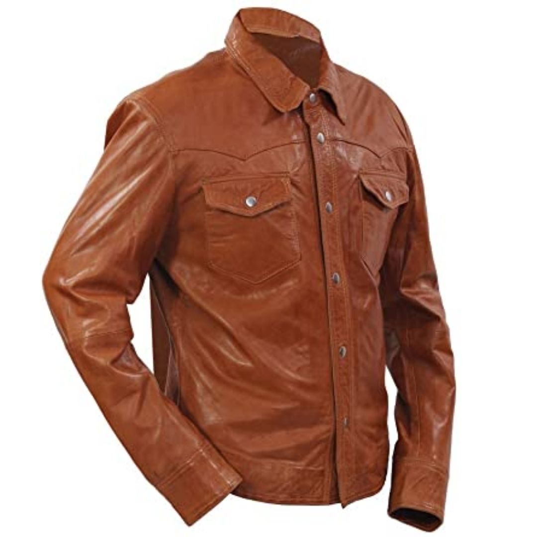 Mens Tan Timber Wash Slim Fit Retro Biker Smart Leather Shirt Jacket XS S M L XL