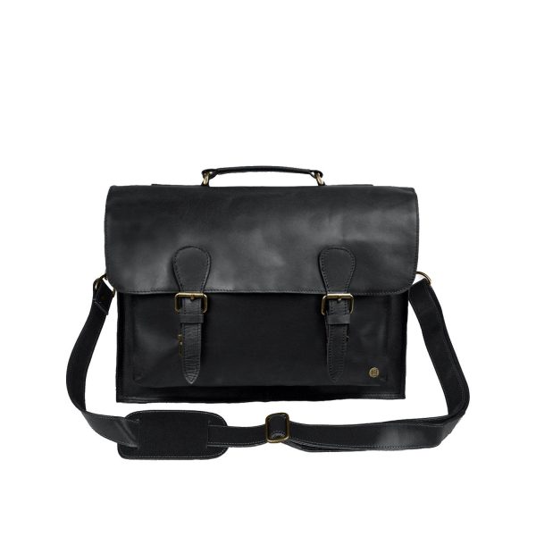black full grain leather messenger satchel with 15 laptop capacity