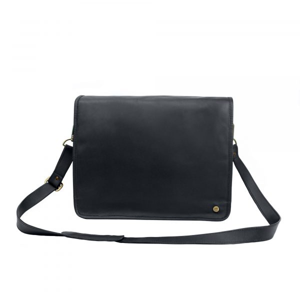 black full grain leather minimal flap satchel with 15 laptop capacity and flap closure