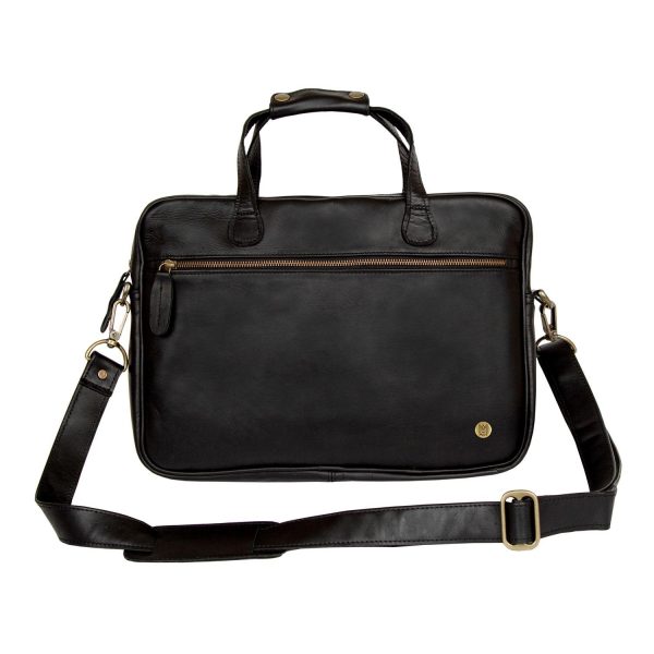 black leather compact laptop bag with 13 laptop capacity