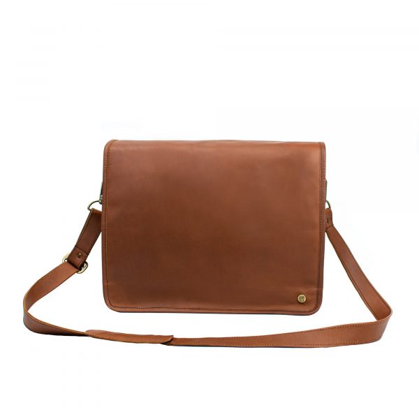 brown full grain leather minimal flap satchel with 15 laptop capacity and flap closure