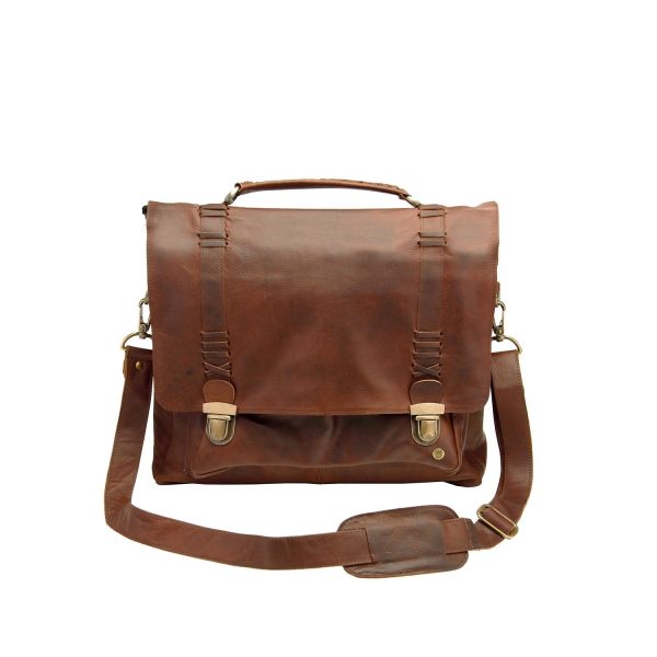 brown full grain leather satchel with 15 laptop capacity