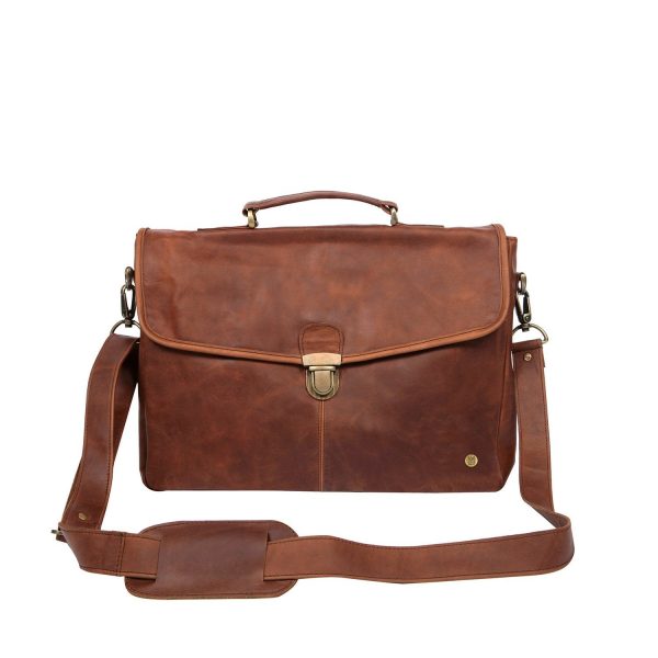 clip up satchel in full grain brown leather with 15 laptop capacity