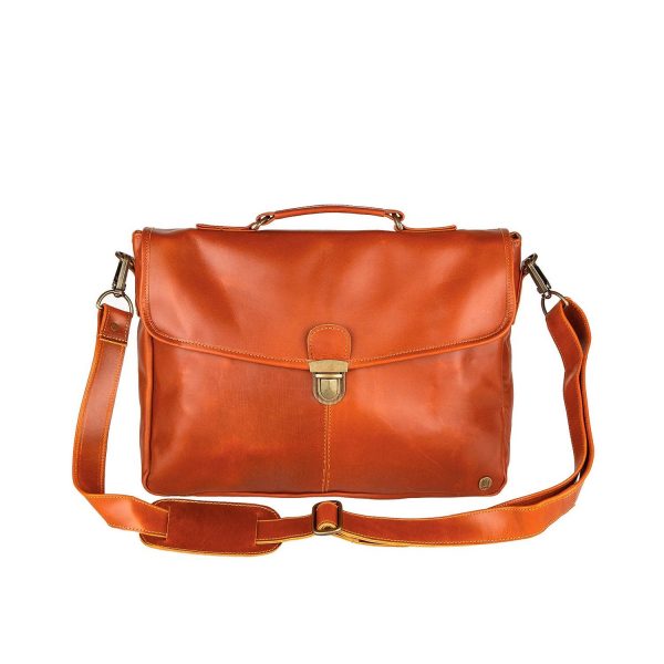 clip up satchel in tan leather with 15 laptop capacity