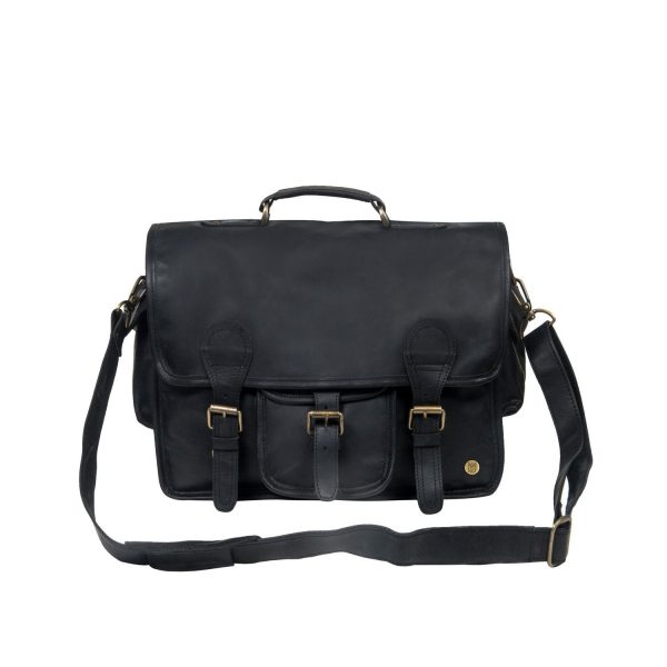 large black leather satchel with 15 laptop capacity and pockets