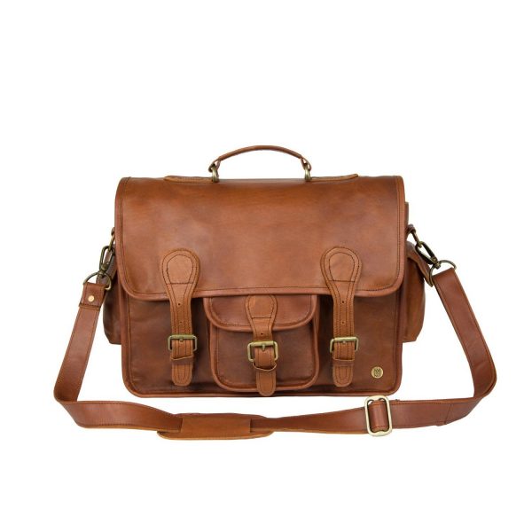 large brown leather satchel with 15 laptop capacity and pockets