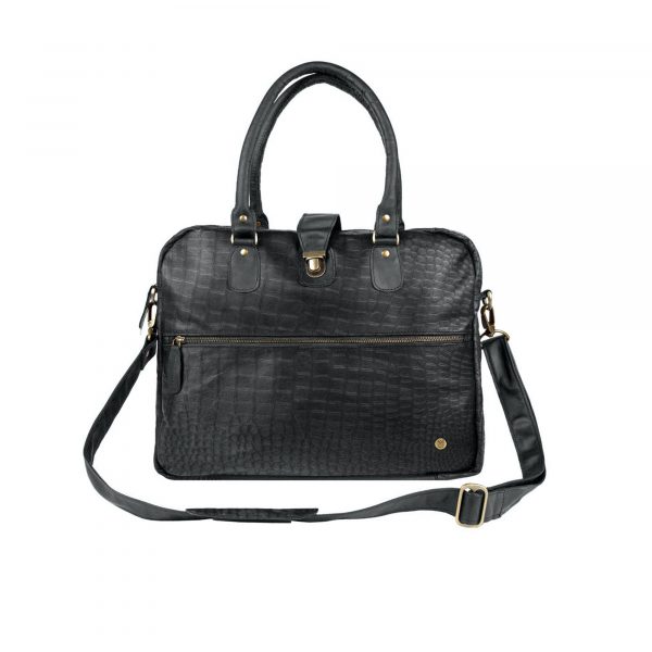 personalised black leather crocodile print buckle satchel with 15 laptop capacity