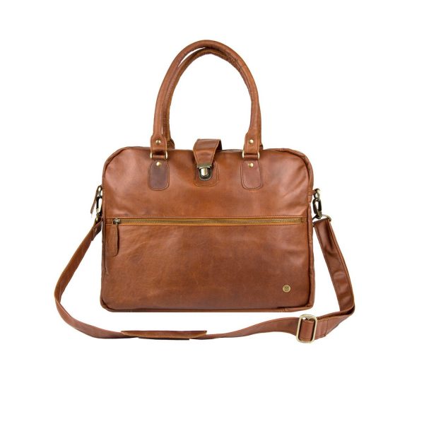 personalised brown leather buckle satchel with 15 laptop capacity