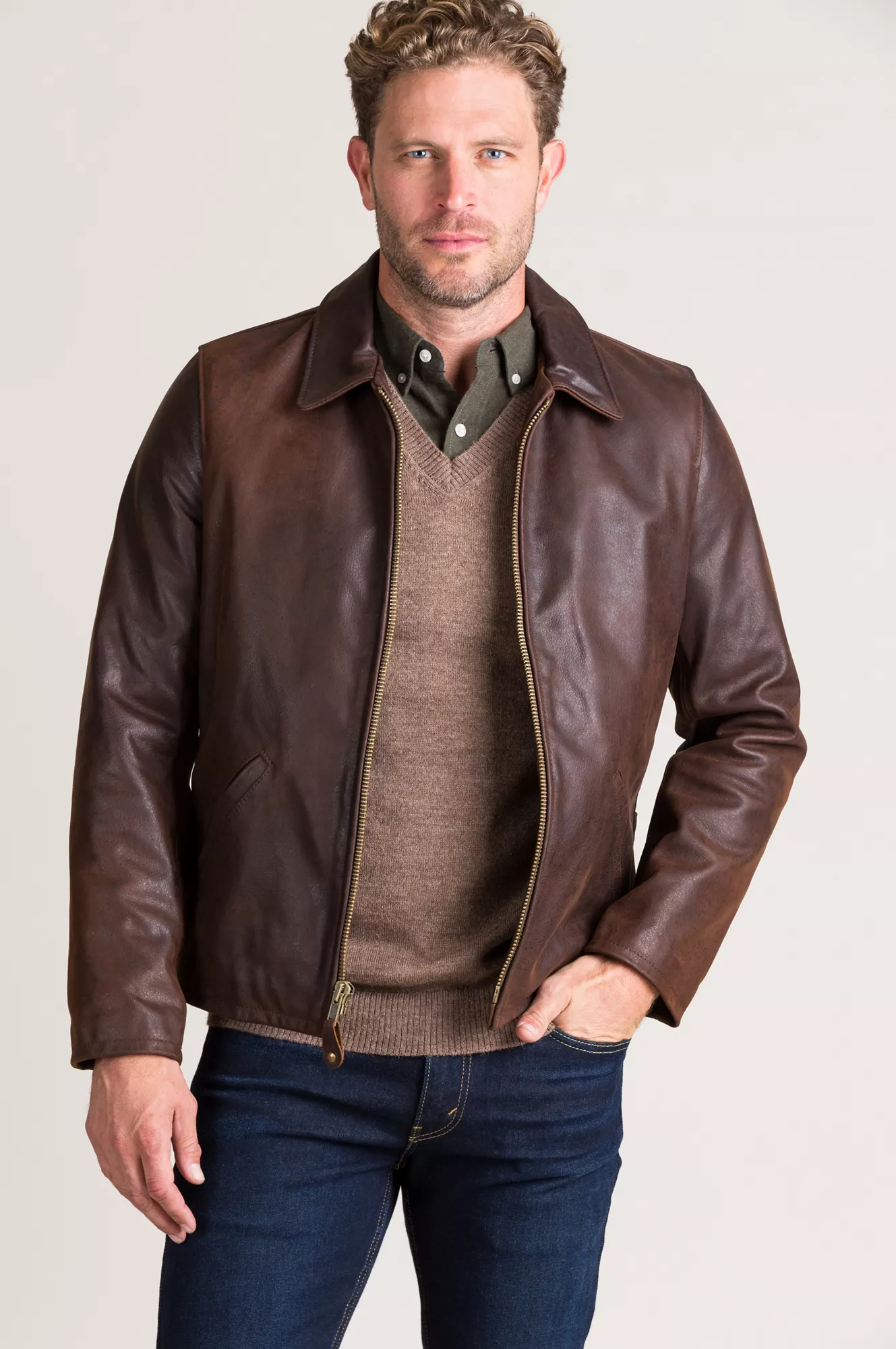 James Vintage Style Waxed Buffalo Leather Moto Jacket | Free Shipping ...