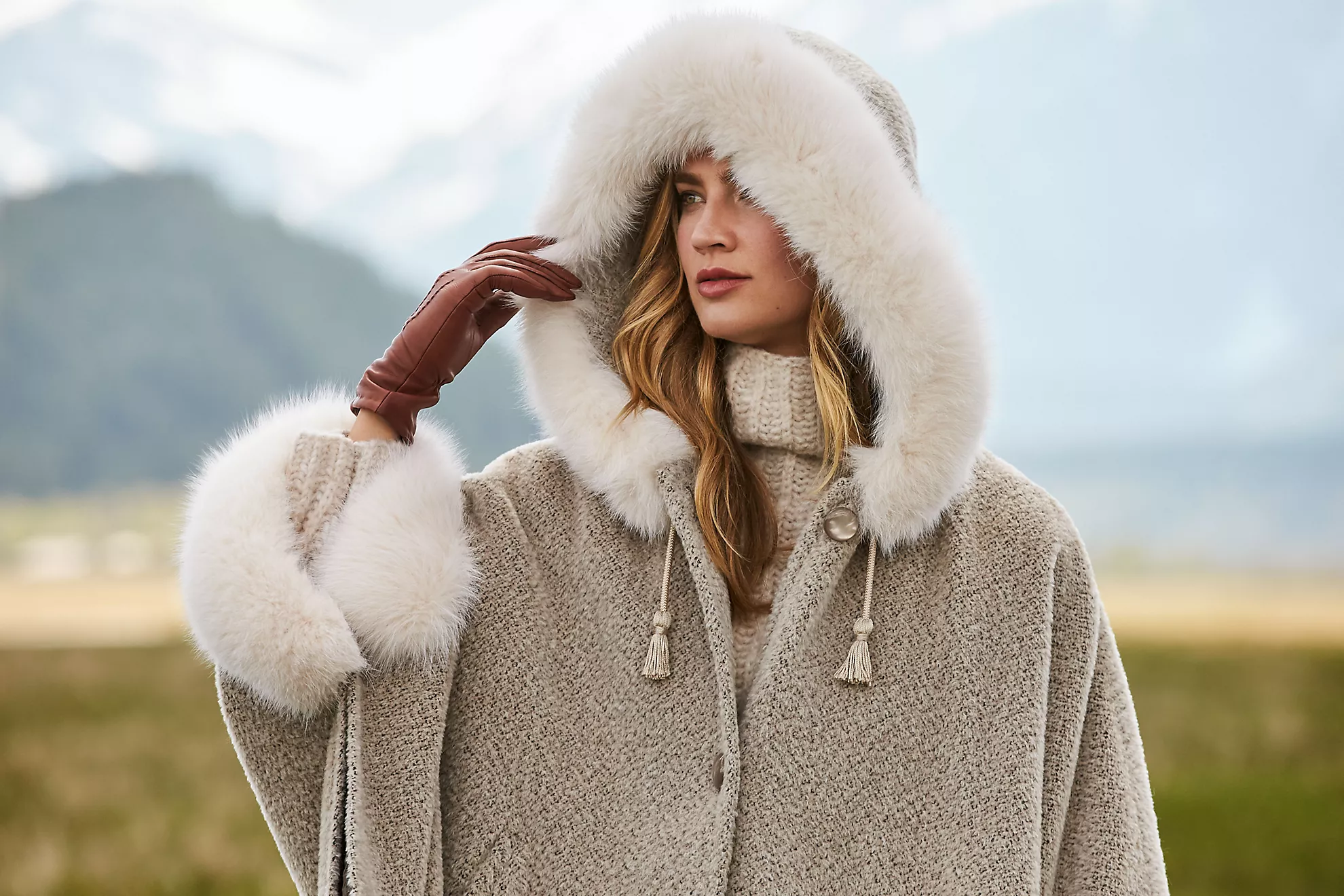 Skye Hooded Alpaca Wool Blend Cape with Fur Trim 11