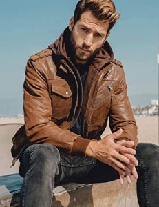 mens hooded leather motorcycle jacket in United States