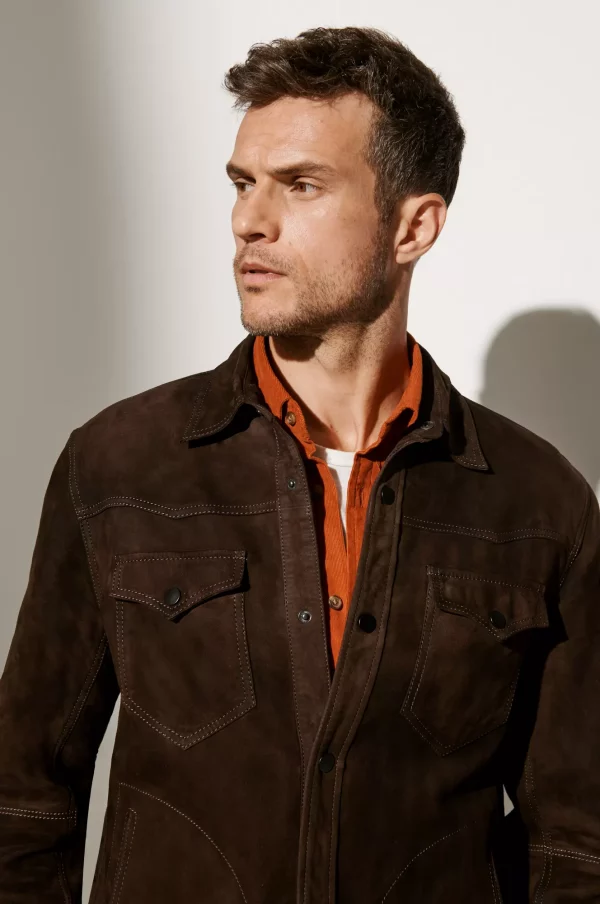 Sawyer Goatskin Suede Leather Shirt Jacket (Brown)