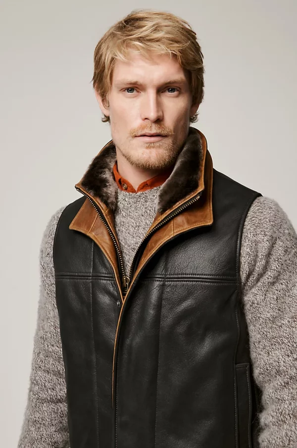 Trekker Goatskin Leather Vest with Merino Shearling Collar