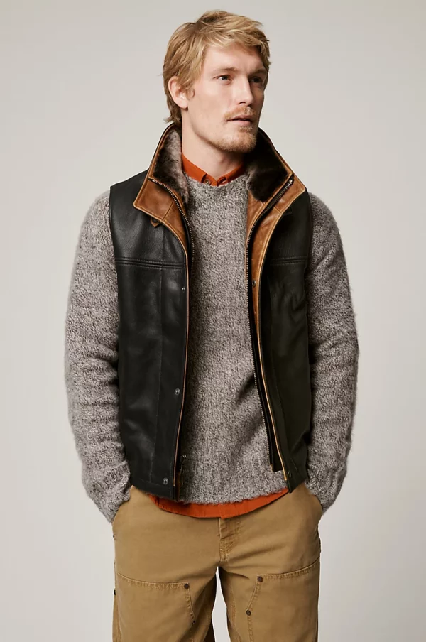 Trekker Goatskin Leather Vest with Merino Shearling Collar USA