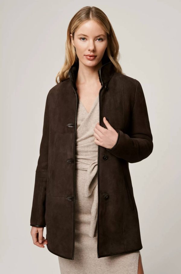 Audrey Spanish Shearling Sheepskin Coat with Leather Trim 3