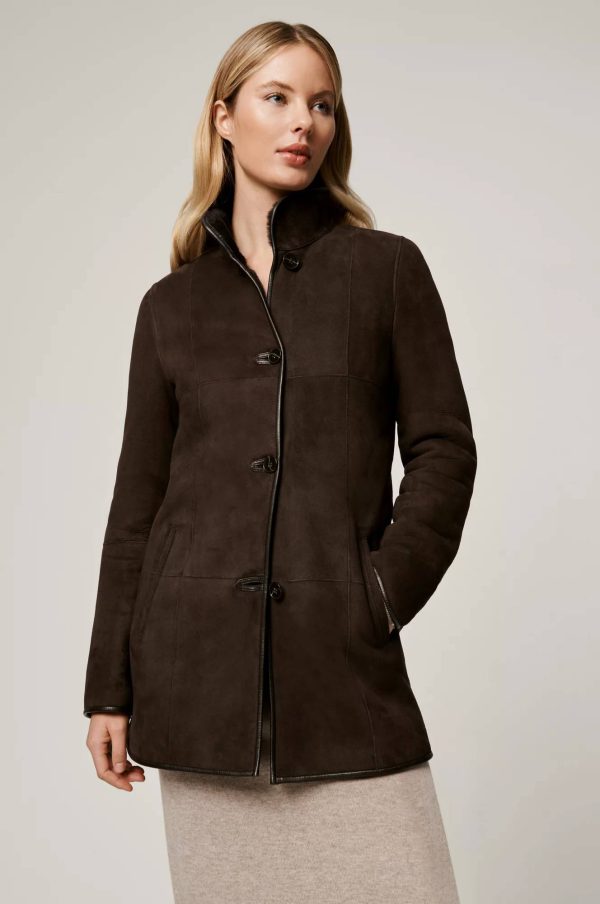 Audrey Spanish Shearling Sheepskin Coat with Leather Trim 4