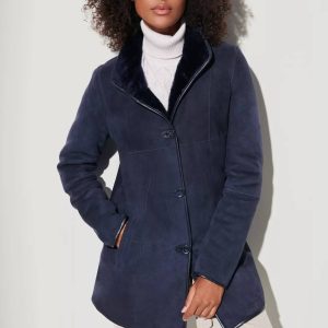Audrey Spanish Shearling Sheepskin Coat with Leather Trim 7