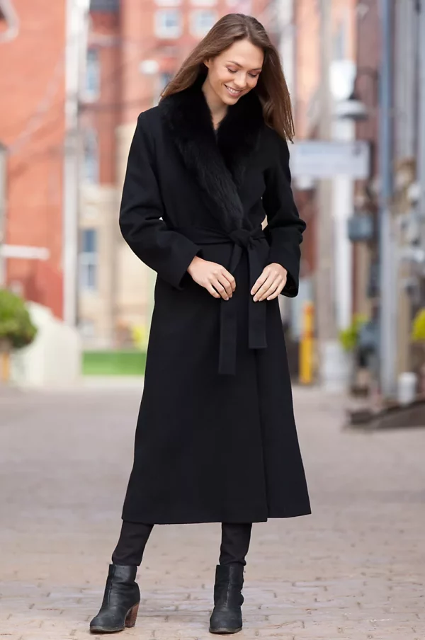 Bernice Loro Piana Wool Wrap Coat with Fox Fur Trim US