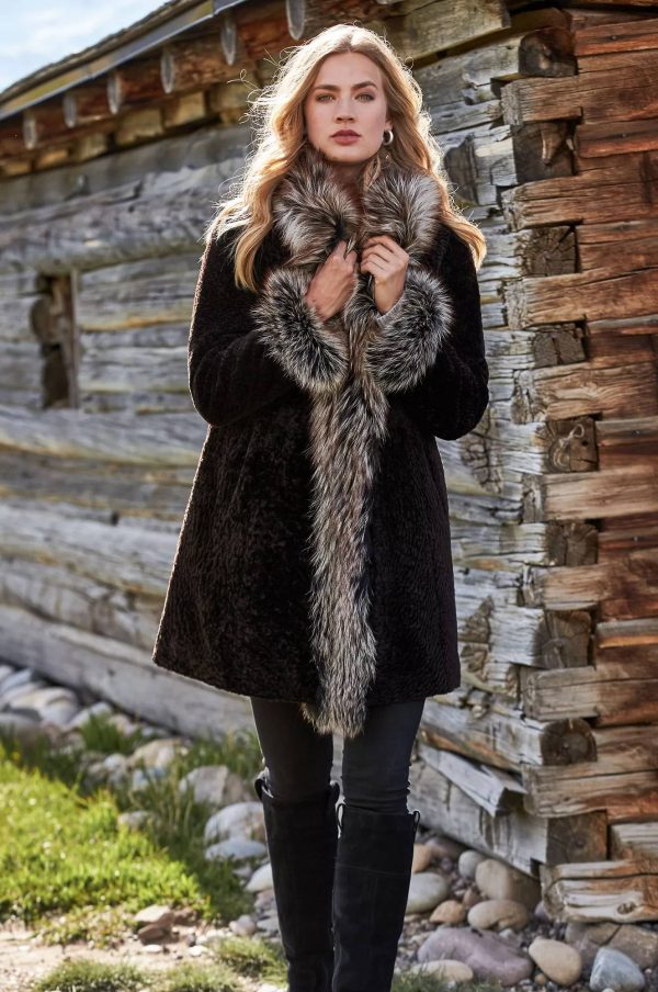Grace Reversible Astrakhan Lamb and Leather Coat with Fur Trim